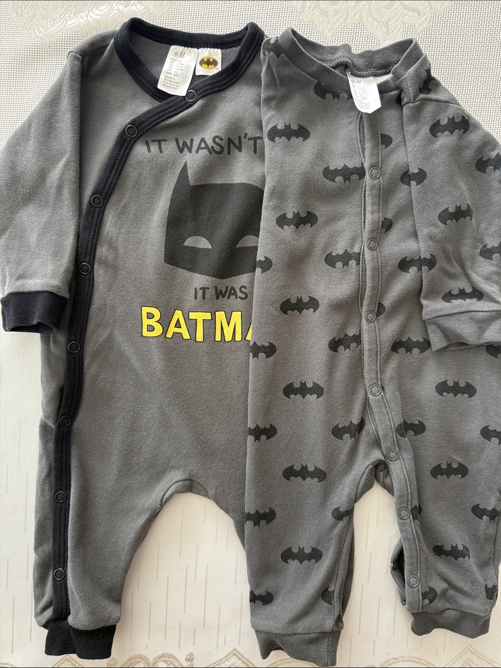 H&M 2-4M Grey & Black Batman Two-Pack One-Piece Footies with Yellow Logo